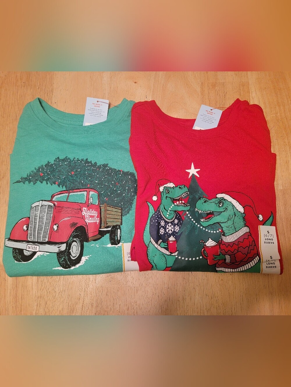 Cat & Jack Holiday Truck Long Sleeve Tee (Green) & Dino Sweater Long Tee (Red)